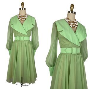 Vintage 1970s Pastel Green Chiffon Dress with Oversized Collar by COCO | Size M